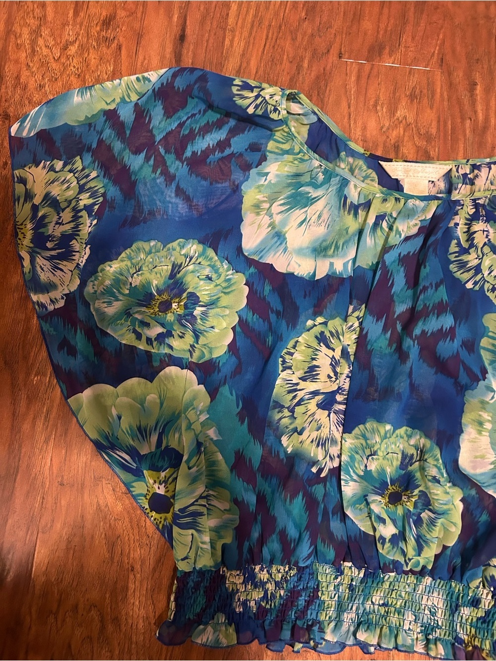 Floral Blue & Green Off-Shoulder Women’s Top Flutter Butterfly Sleeves - Picture 3 of 7